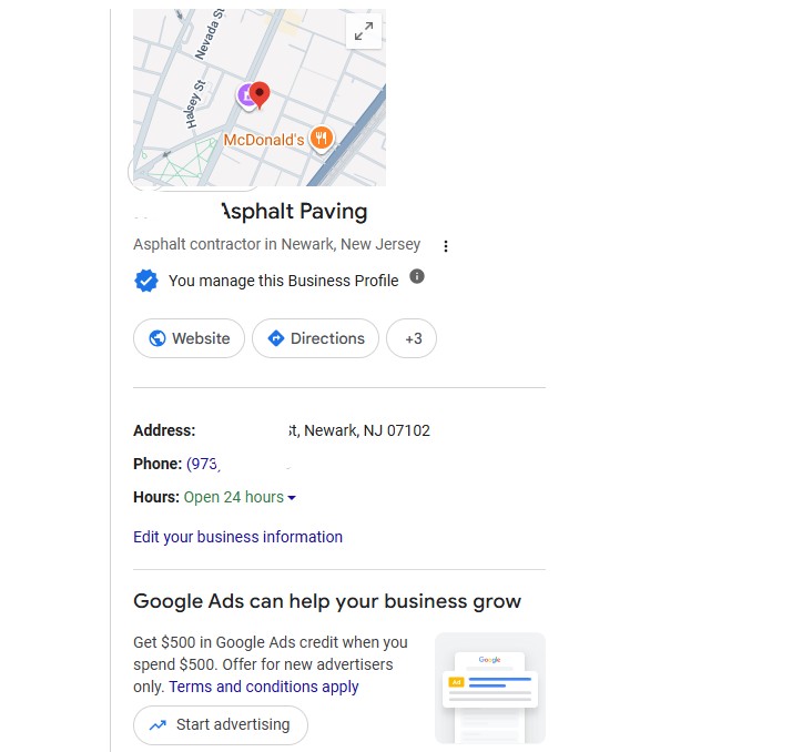 Verified Google Business Profile for an asphalt contractor in Newark, New Jersey