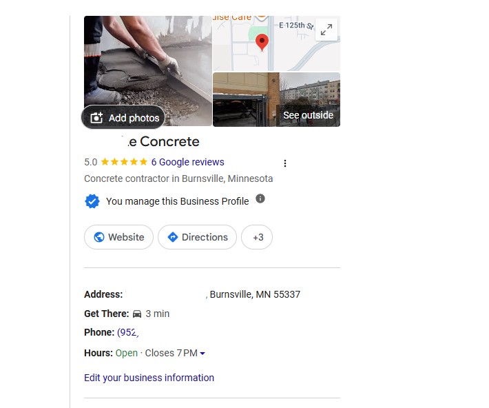 Verified Google Business Profile for a concrete contractor in Burnsville, Minnesota