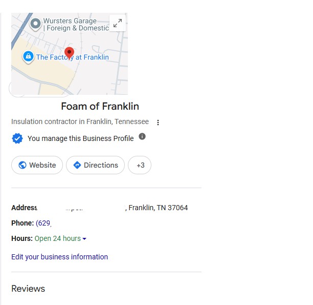 Verified Google Business Profile for an insulation contractor in Franklin, Tennessee
