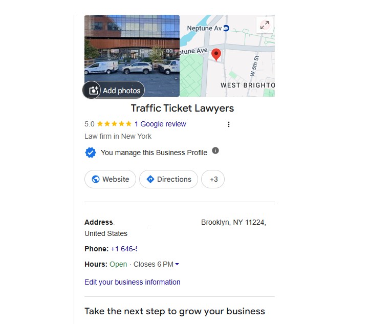 Verified Google Business Profile for a law firm in Brooklyn, New York