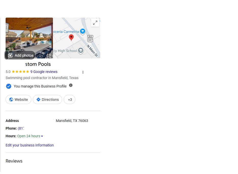 Verified Google Business Profile for a swimming pool contractor in Mansfield, Texas